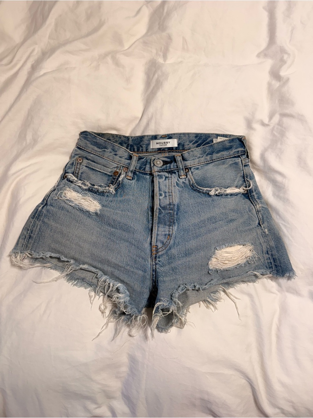 Moussy Faded Blue Distressed High-Rise Denim Shorts